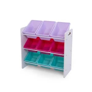 26 in. W x 12 in. D x 24 in. H White/Pink/Purple/Aqua Forever Wood Toy Storage Organizer with 9 Plastic Storage Bins