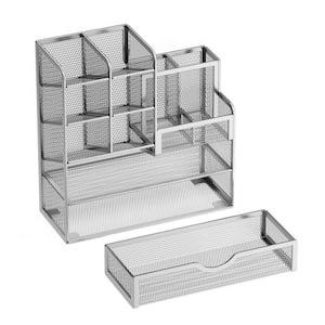 Multi-Functional Mesh Desk Organizer with Pen Holder and Drawer for Office, Silver