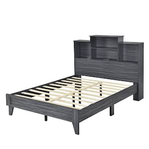 Gray Wood Frame Full Size Platform Bed with Storage Headboard, Open Shelves, USB Charging Design