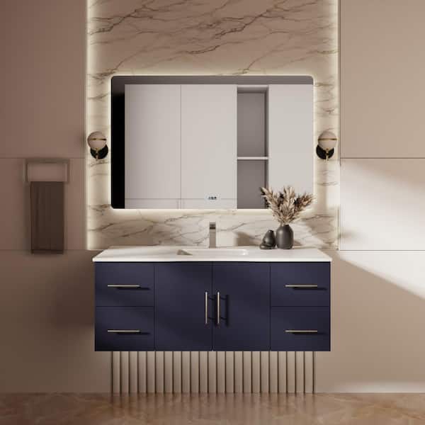 Lexora Geneva 48 in. W x 22 in. D Navy Blue Bath Vanity, Cultured Marble Top, and Faucet Set