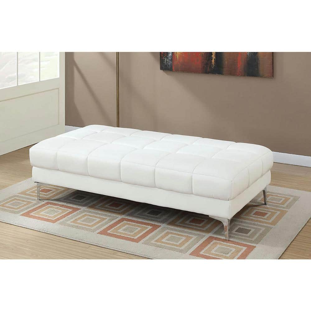 Contemporary Tufted White Leather Rectangular Accent Ottoman