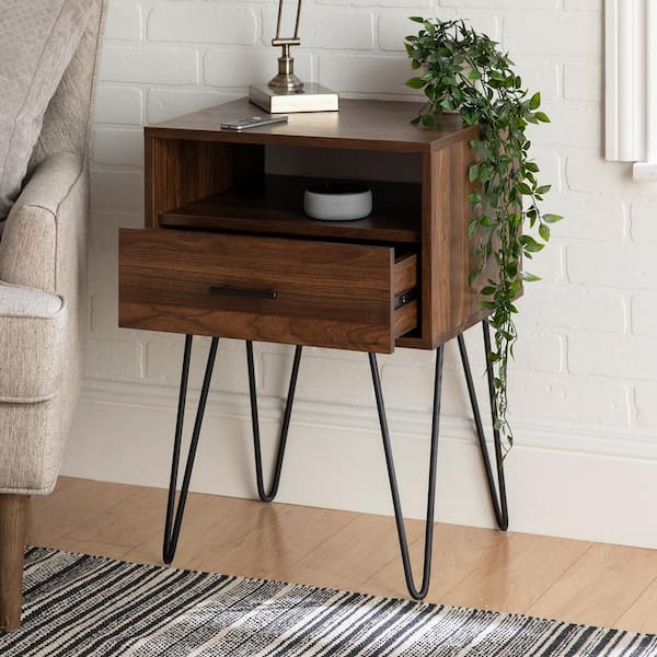 Modern Dark Walnut 1-Drawer Hairpin Leg Side Table