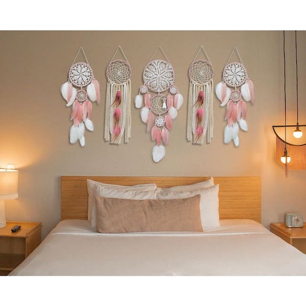 28 in. x 8 in. Pink Moon & Sun Dream Catcher Set-Boho Wall Decor, Cotton Handmade