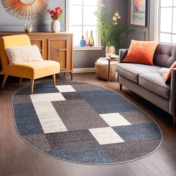 Geometric Boxes Design Non-Slip (Non-Skid) Blue 5 ft.  x 7 ft.  Oval Indoor Area Rug