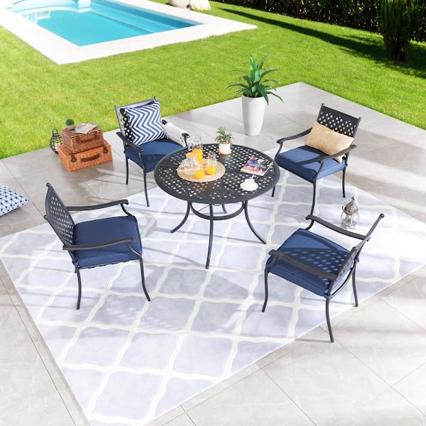 5-Piece Metal Outdoor Dining Set with Blue Cushions