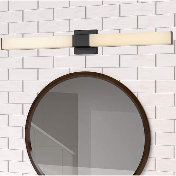 Saavy 36 in. 2-Light Integrated LED Brushed Nickel Bathroom Vanity Light Fixture with Rectangular Acrylic Shade