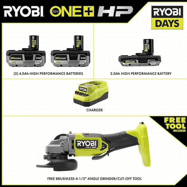 ONE+ 18V HIGH PERFORMANCE Kit w/ (2) 4.0 Ah Batteries, 2.0 Ah Battery, Charger, & FREE ONE+ HP 4-1/2 in. Angle Grinder
