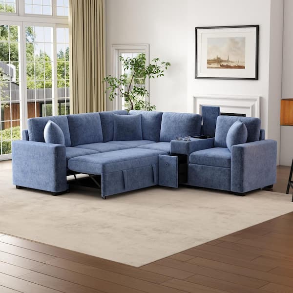 Harper & Bright Designs Convertible 120.5 in Chenille Sectional Sofa in Blue with Pull-Out Bed, Console with Cup Holders, Drawer, Flip-Top Box