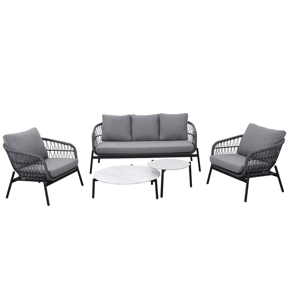 5-Piece Aluminum Patio Conversation Set, Rope Weaving Modern Sectional Sofa