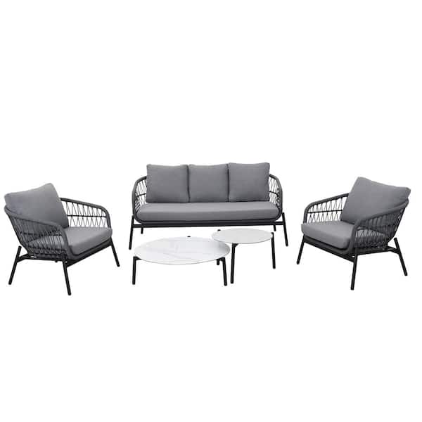 Unbranded 5-Piece Aluminum Patio Conversation Set, Rope Weaving Modern Sectional Sofa Furniture Set With Slab Table, Dark Gray