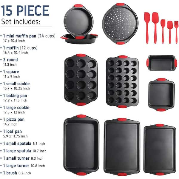 Eatex 39-Piece Nonstick Black Steel Bakeware Set with Red Utensil and Silicone Handles