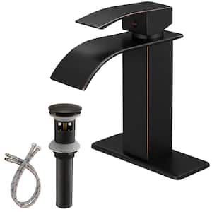 Single-Handle Waterfall Single Hole Low-Arc Bathroom Faucet with Pop-up Drain Assembly in Oil Rubbed Bronze