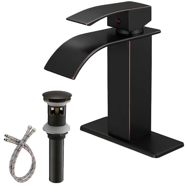 HOMEMYSTIQUE Single-Handle Waterfall Single Hole Low-Arc Bathroom Faucet with Pop-up Drain Assembly in Oil Rubbed Bronze
