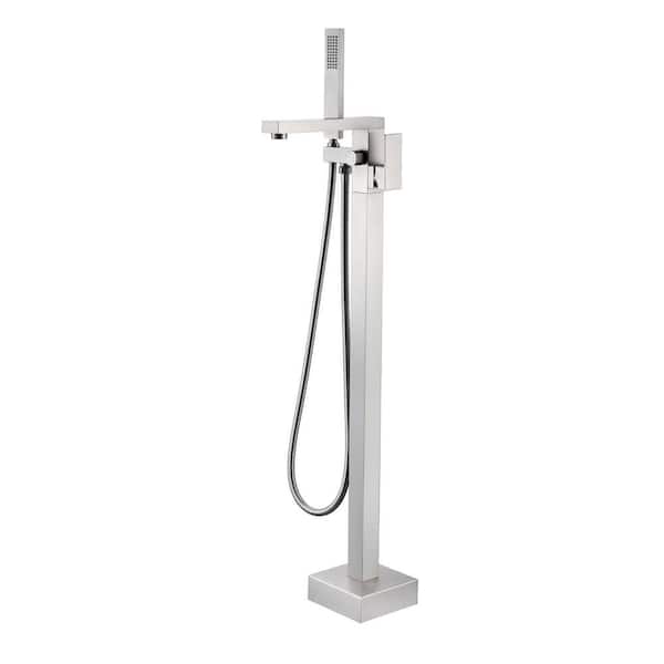 Freestanding Tub Filler Floor Mount Single-Handle Claw Foot Tub Faucet with Hand Shower in Brushed Nickel