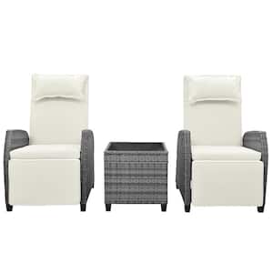 3-Piece Gray Wicker Outdoor Recliner with Beige Cushions and Coffee Table