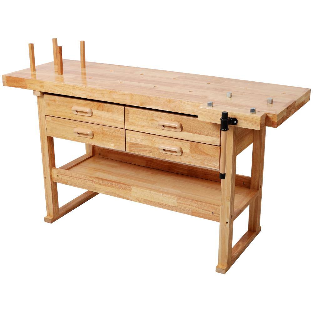 60 in. W x 22 in. D 4-Drawer Light Brown Workbench Table with Solid Wood Top and Shelf for Garage Workshop Carpenter price history on PriceWatchPro