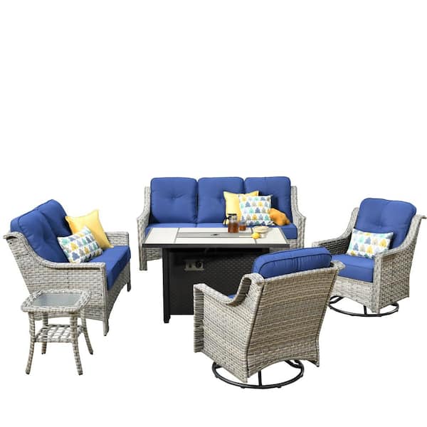 Eureka Gray 6-Piece Wicker Outdoor Patio Conversation Sofa Loveseat Set with a Metal Fire Pit and Navy Blue Cushions