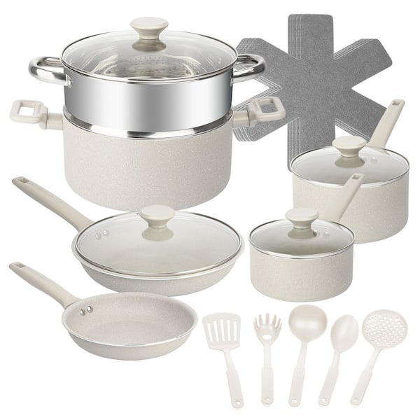 Desert Collection 20-Piece Aluminum Nonstick Cookware Set with Utensils in Speckled Beige