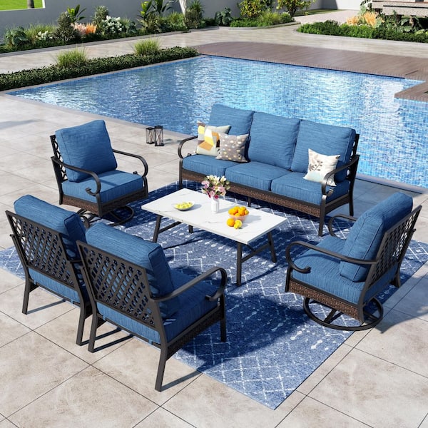 6-Piece Black Metal 7 Seats Outdoor Conversation Set with Swivel Chair, Marbling Coffee Table and Pacific Blue Cushions