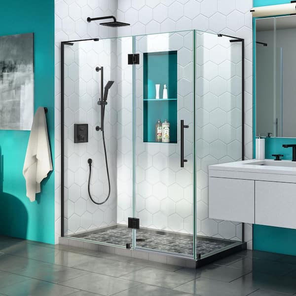 DreamLine Quatra Plus 34 in. D x 52 in. W x 72 in. H Semi-Frameless Hinged Shower Door in Matte Black