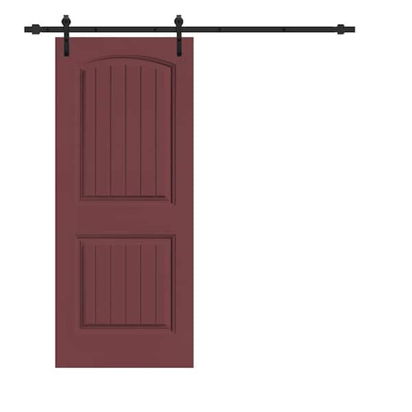 CALHOME Elegant Series 30 in. x 80 in. Maroon Stained Composite MDF 2 Panel Camber Top Sliding Barn Door with Hardware Kit