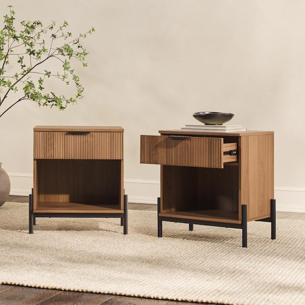 Modern Reeded Mocha 1-Drawer Wood and Metal 22 in. W Exposed Leg Nightstand (Set of 2)
