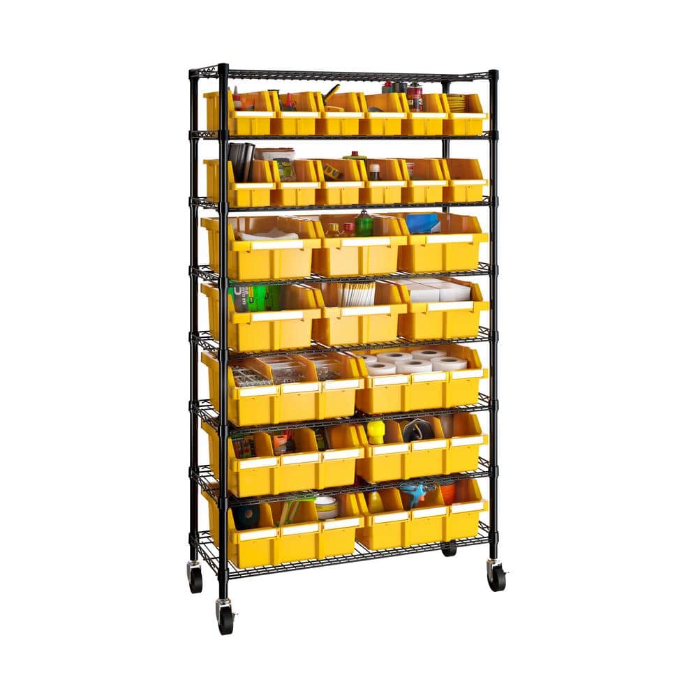 63.5" Black Steel 8-Tier Storage Rack with Yellow Bins