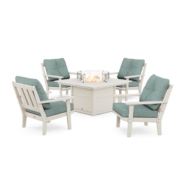POLYWOOD Oxford 5-Pieces Plastic Patio Fire Pit Deep Seating Set in Sand with Glacier Spa Cushions