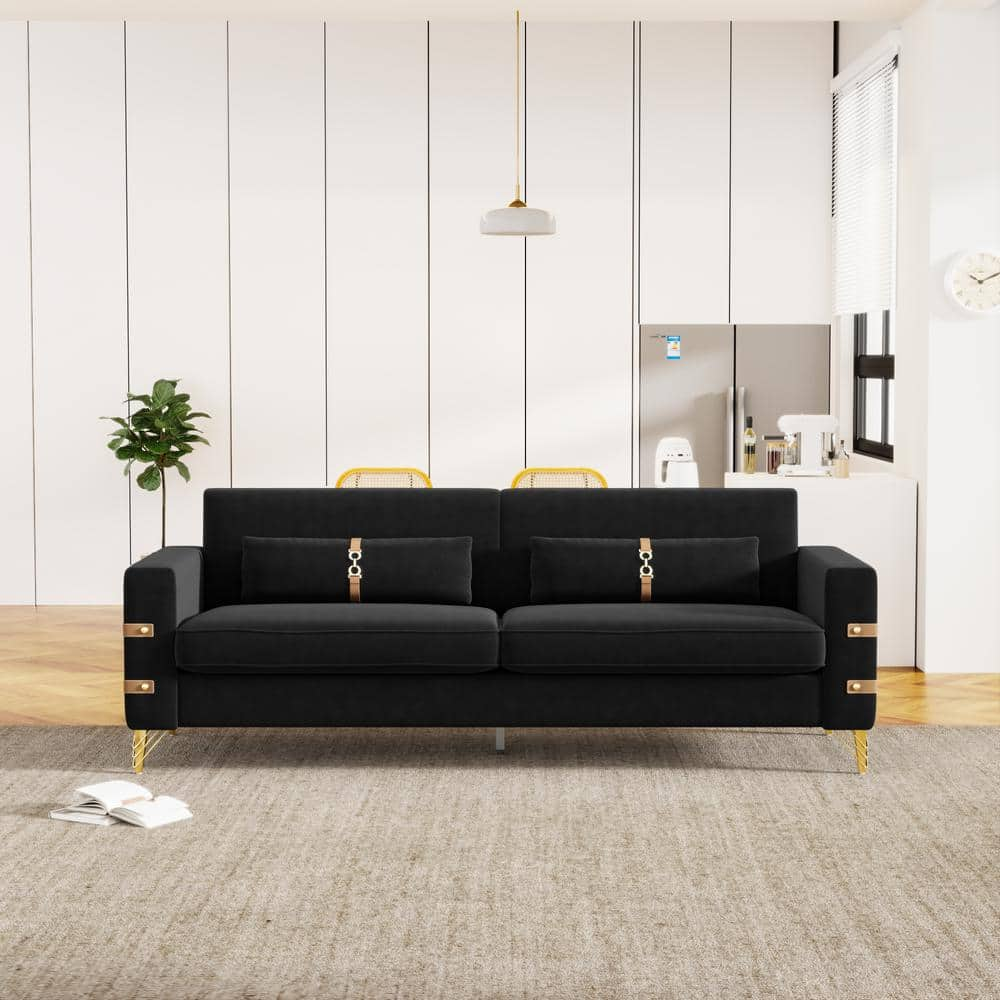 stufurhome KT 85.63 in Straight Arm Velvet Rectangle Sofa in. Black YBX ...