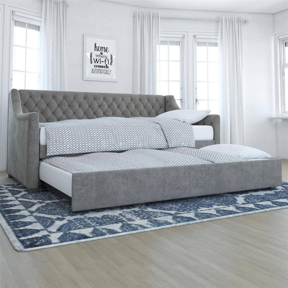 Light Gray Velvet Twin Daybed with Trundle and Tufted Upholstery