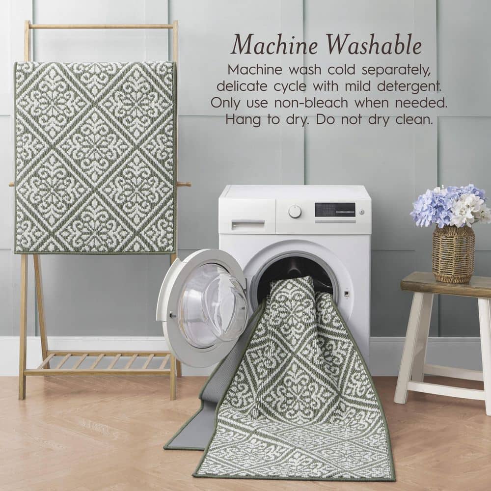 Ivory and Sage Geometric Tufted Runner Rug, 60" x 25"