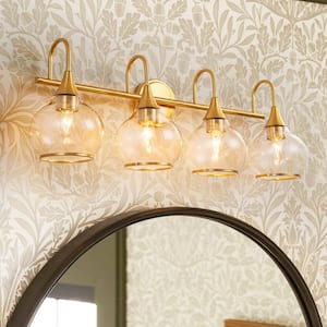 Worton 30.7 in. 4-Light Modern Brushed Brass Bathroom Vanity Light Farmhouse Wall Sconce with Clear Glass Globe Shades