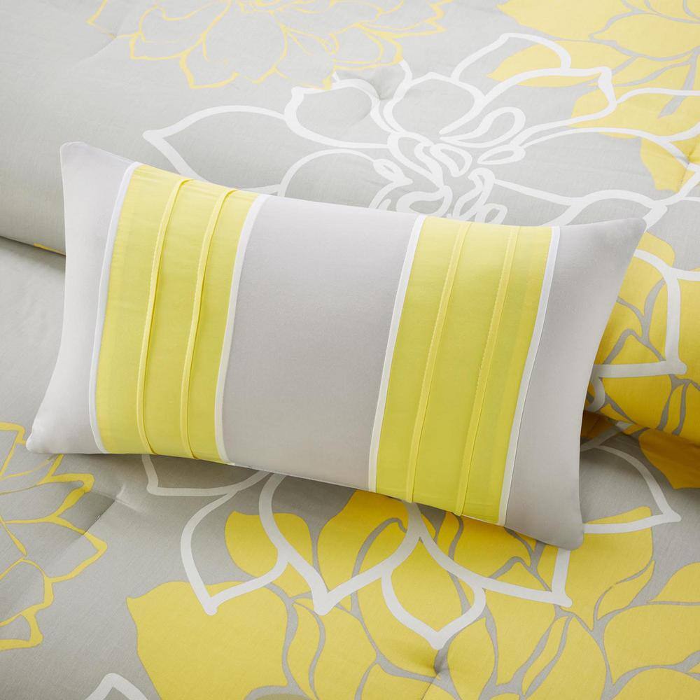 Gray and Yellow Floral Reversible Cotton King Quilt Set