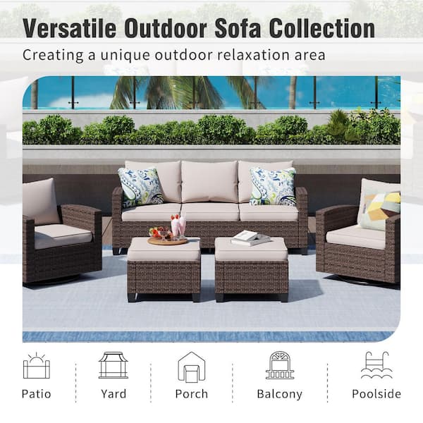 PHI VILLA Brown Rattan 7-Seat 6-Piece Steel Outdoor Fire Pit Patio