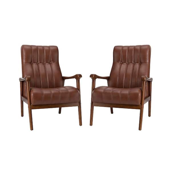 JAYDEN CREATION Raffaele Brown Armchair Square Vegan Leather with Solid Wood Legs (Set of 2)