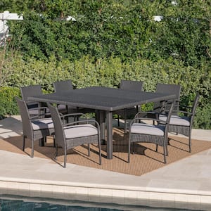 Chadney 30 in. Grey 9-Piece Metal Square Outdoor Dining Set with Grey Cushions