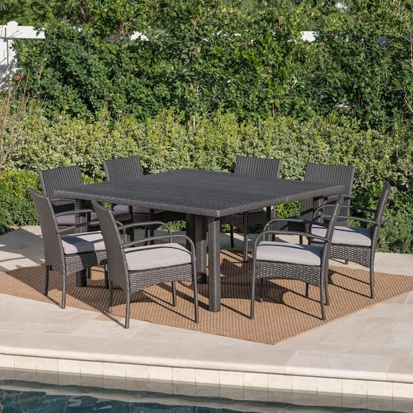 Noble House Chadney 30 in. Grey 9-Piece Metal Square Outdoor Dining Set with Grey Cushions