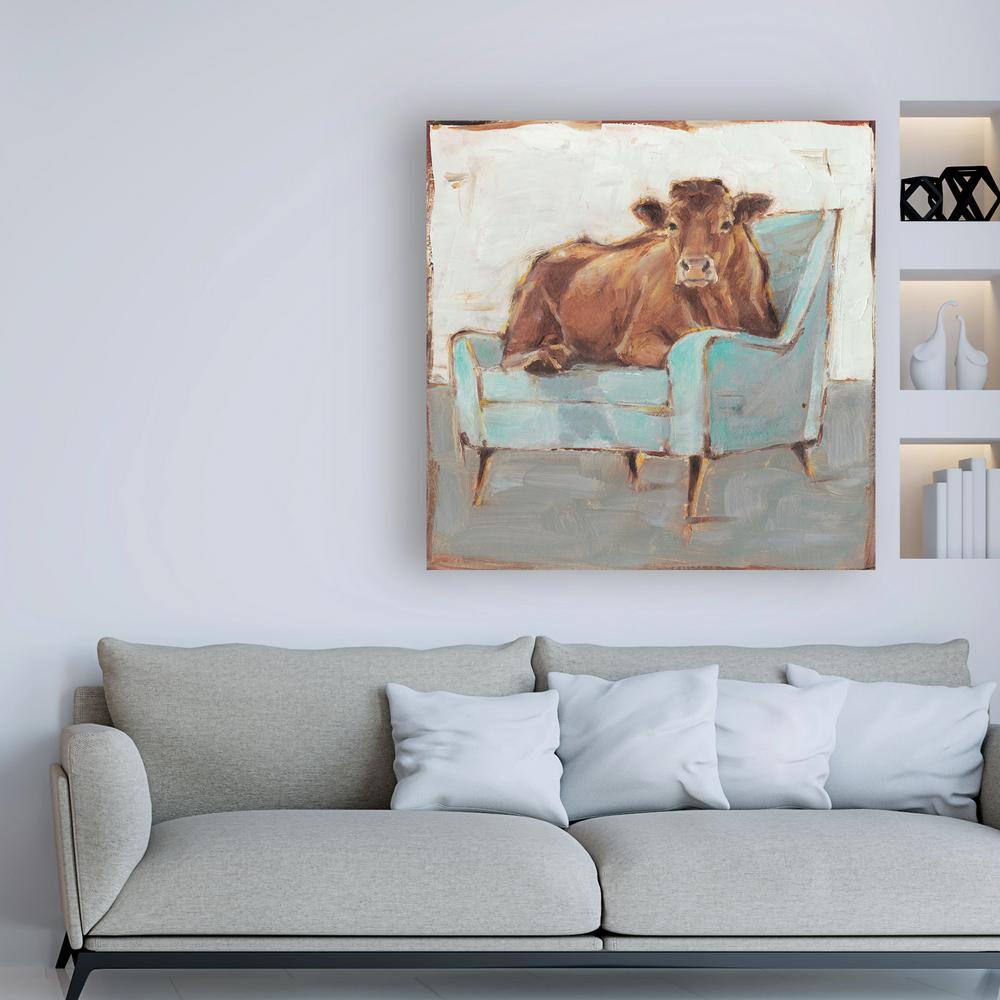Brown Cow on Teal Chair Canvas Print, 18x18