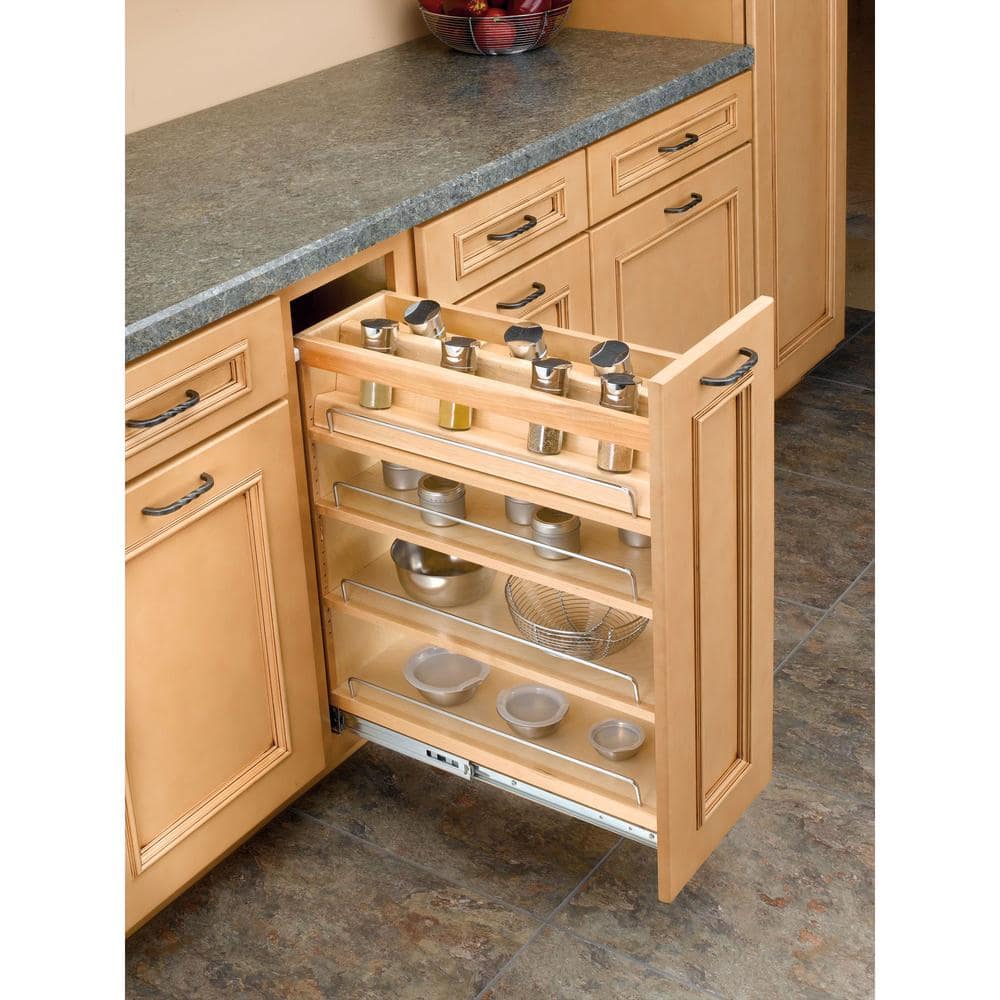 Natural Maple Pull-Out Kitchen Cabinet Organizer with Chrome Rails