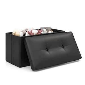Black Rectangle Folding Storage Ottoman Upholstered Footstool PVC Leather 22.5 Gallon