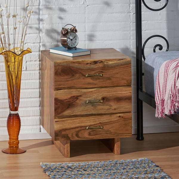 Noble House Paulding 3-Drawer Dark Natural Nightstand