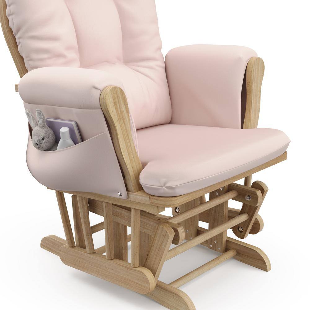 Natural Wood Nursery Glider and Ottoman with Pink Cushions