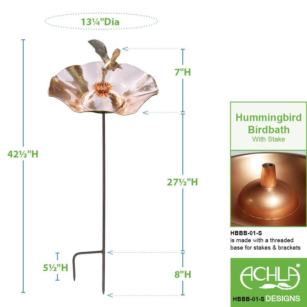 Copper Hummingbird Birdbath with Wrought Iron Stake