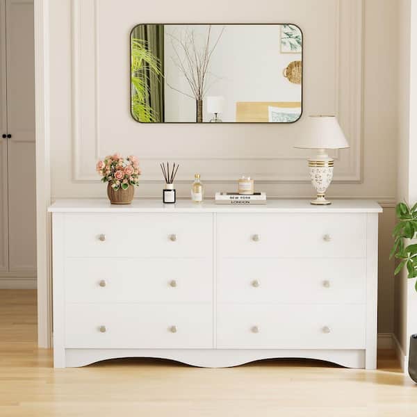 47.2" Curved Base 6-Drawer Wide Dresser with Metal Knobs, White