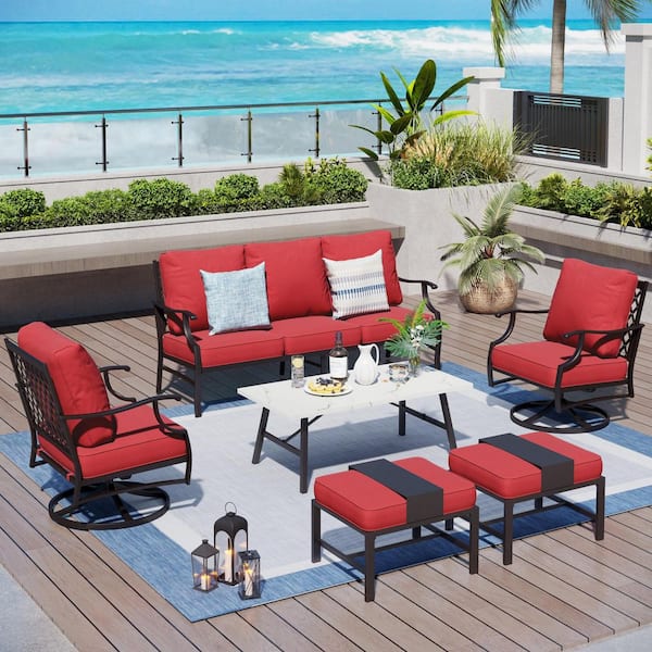 PHI VILLA Black Meshed 7-Seat 6-Piece Metal Outdoor Patio Conversation Set with Red Cushions and Table with Marble Pattern Top