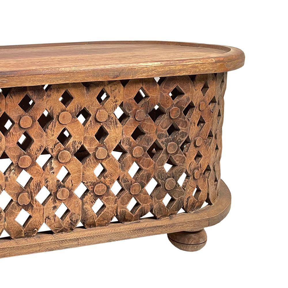 Antique Brown Oval Mango Wood Coffee Table with Cutout Design