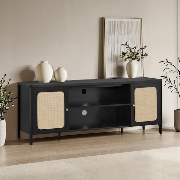 Aaron Black TV Stand Fits TVs up to 70 in. with 2 Storage Cabinets and 2-tier open shelf ,Soft-Close Hinges,Cable Ports