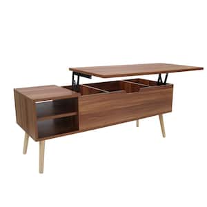 43.3 in. Rosewood Liftable and Lowerable Rectangle Particle Board Coffee Table with Solid Wood Legs, Big Storage Space