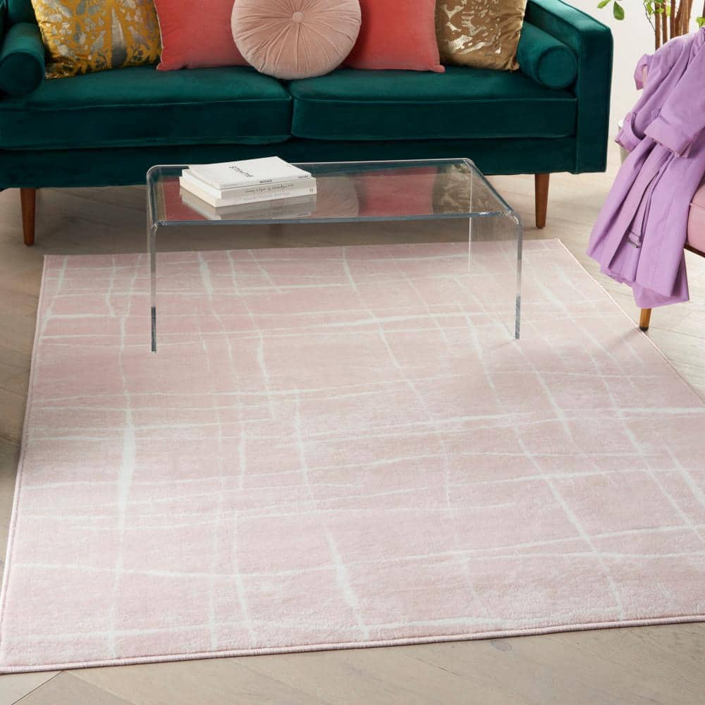 Ivory and Pink Abstract Synthetic 6' x 9' Area Rug