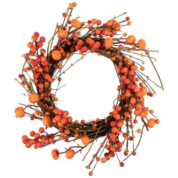Red and Orange Berries with Mini Pumpkins Fall Harvest Wreath-20 in. -Unlit